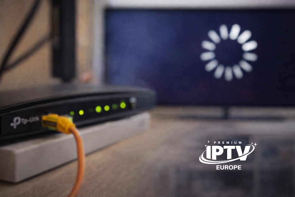 IPTV Smarters Pro sur TV avec chargement et routeur WiFi en premier plan dans un salon européen moderne