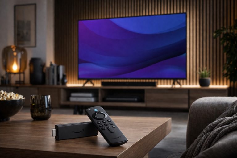 IPTV Smarters Pro on Fire Stick Max 3rd Gen displayed on 4K TV in modern European living room