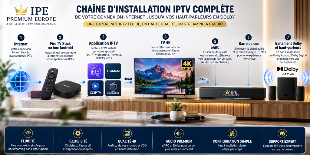 Schéma d’installation IPTV avec Fire TV Stick, application IPTV, TV 4K, eARC, barre de son et audio Dolby